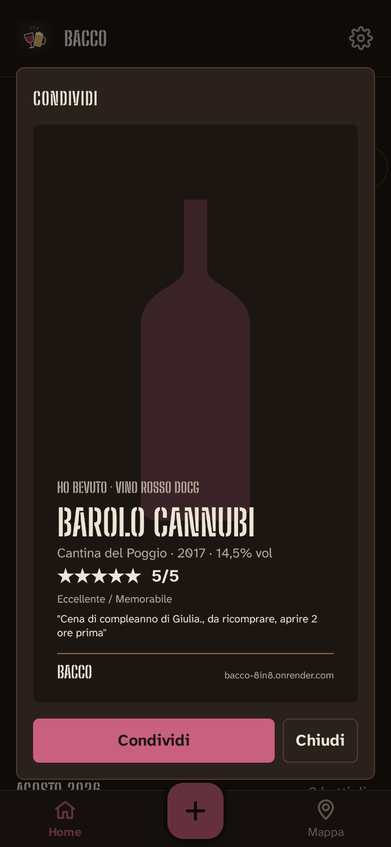 La card da condividere di un Barolo con punteggio 5 su 5
