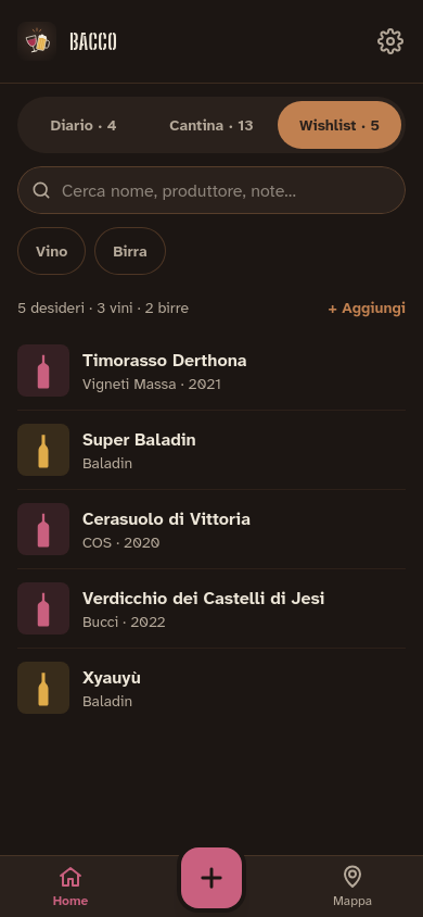 La scheda Wishlist della Home con cinque vini e birre da provare